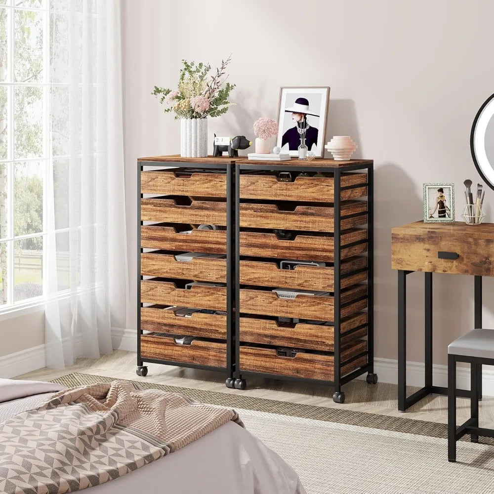 Tribesigns 7 Drawer Chest, Wood Storage Dresser Cabinet with Wheels, Industrial Storage Drawer Organizer Cart for Office Bedroom