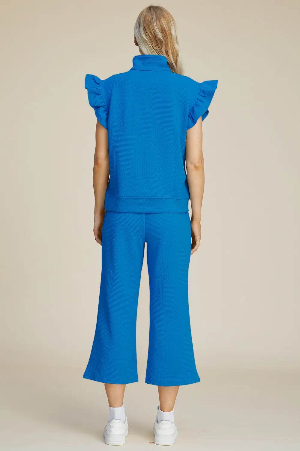 Double Take Full Size Texture Ruffle Short Sleeve Top and Wide Leg Pants Set - Tredona LLC