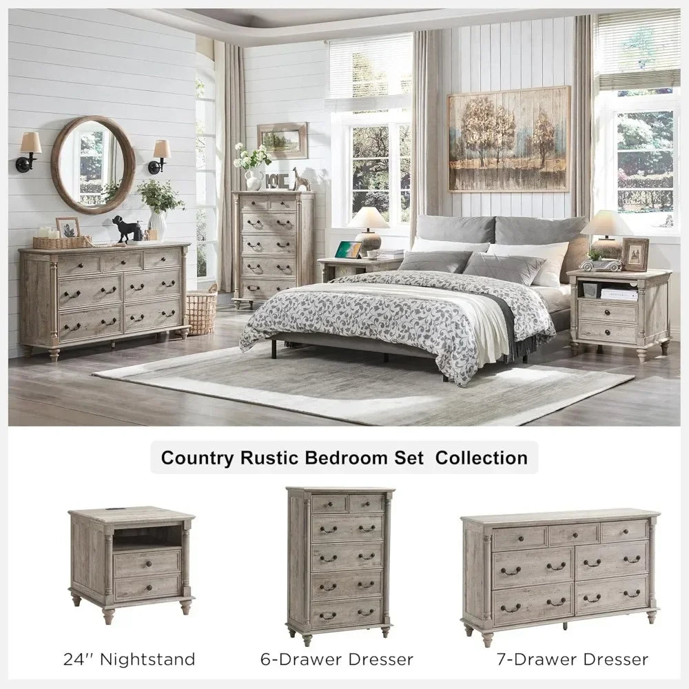 Rustic Country Style 7-Drawer Wood Dresser with Solid Feet and Column Accents for Bedroom