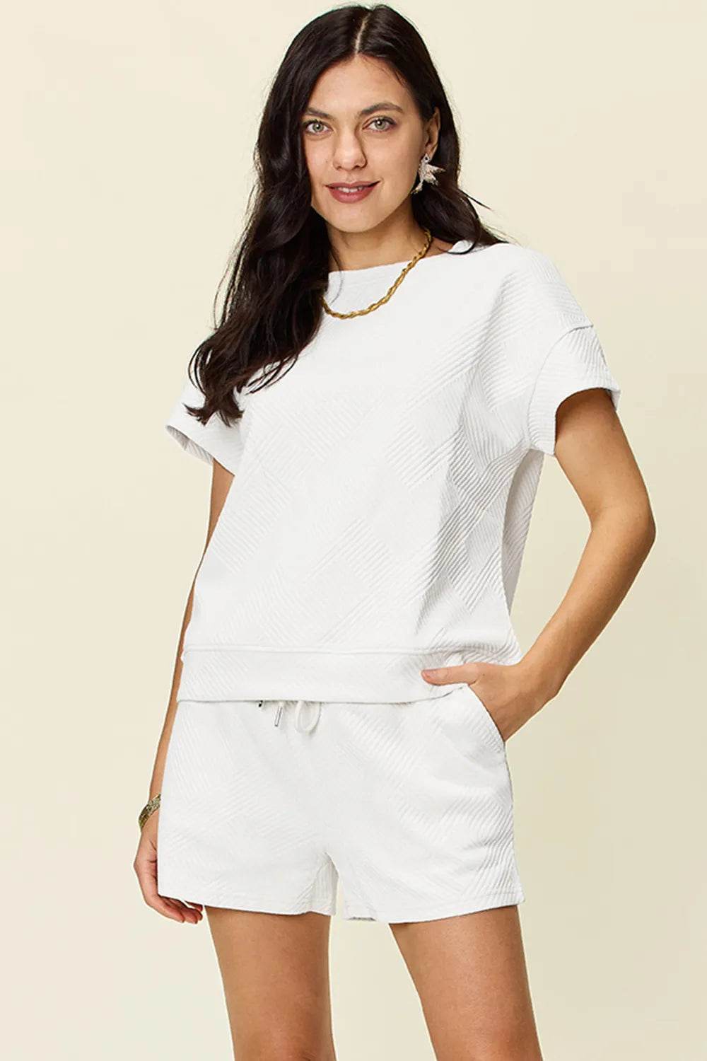 Double Take Full Size Texture Short Sleeve T-Shirt and Drawstring Shorts Set - Tredona LLC