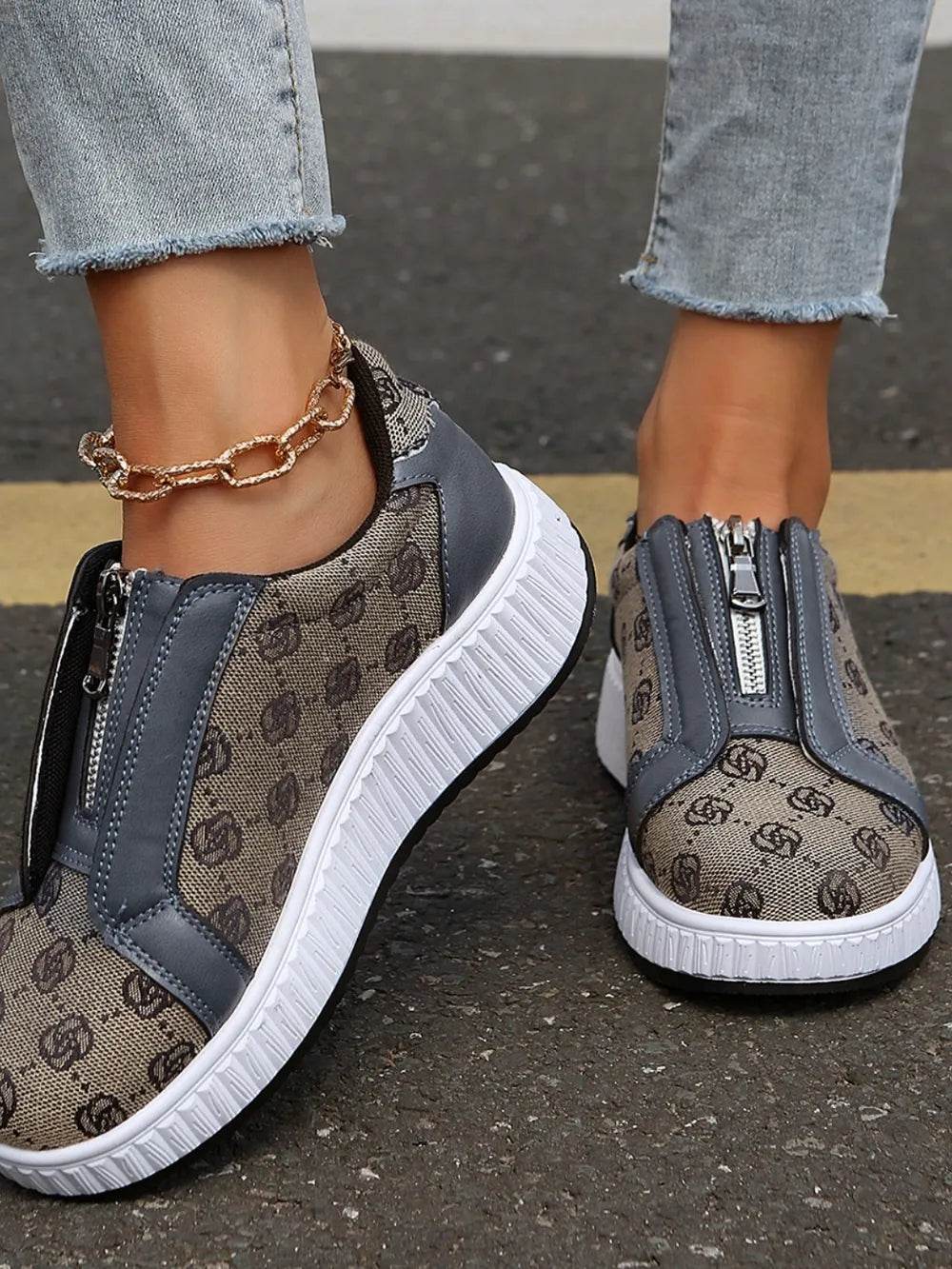 Floral Round Toe Sneakers with Zip - Tredona LLC