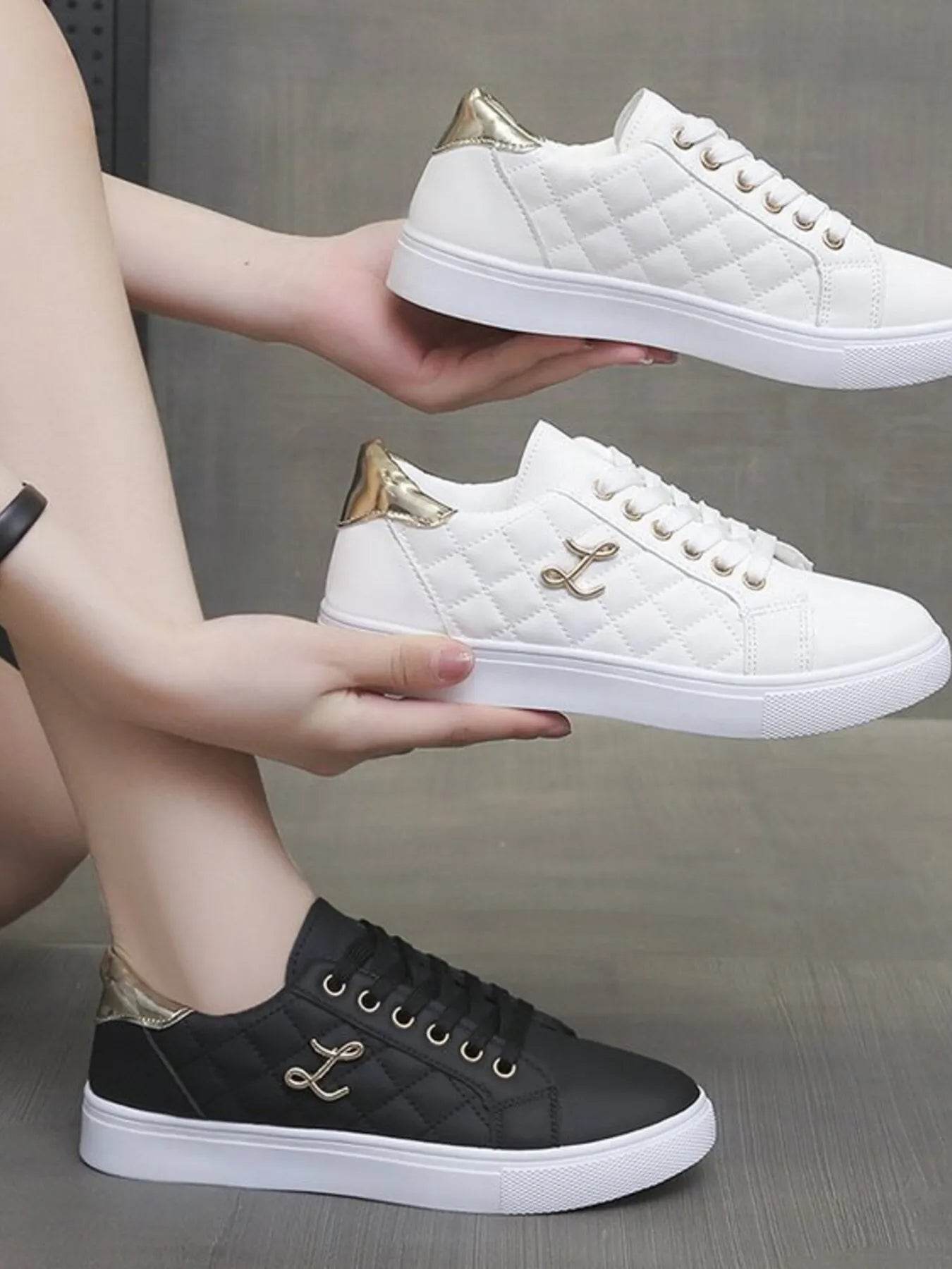 Quilted Platform Sneakers with Metallic Gold Accents - Tredona LLC