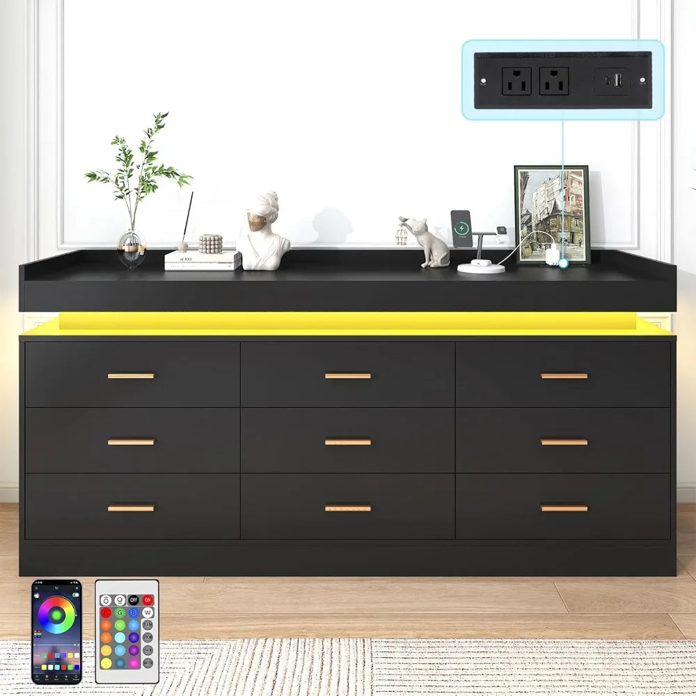 Modern LED-lit 9-Drawer Dresser with Built-in Charging Station and Power Outlet for Bedroom Organization