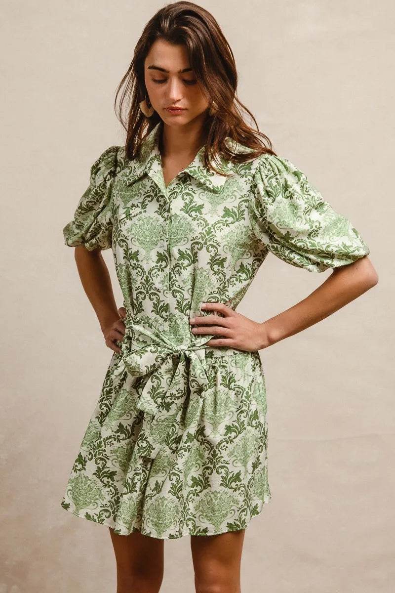 BiBi Tied Floral Short Sleeve Mini Shirt Dress - Tredona LLC