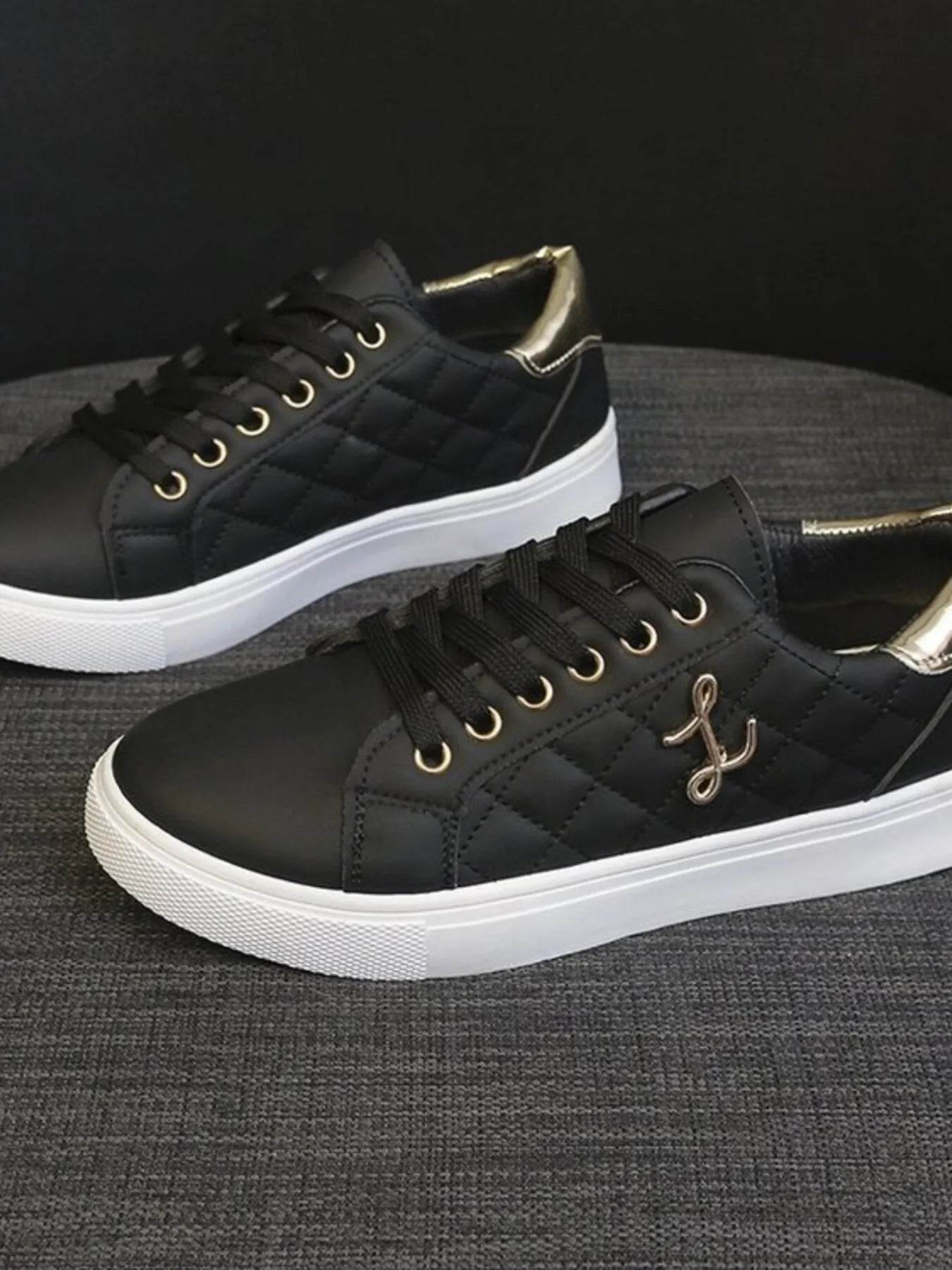 Quilted Platform Sneakers with Metallic Gold Accents - Tredona LLC