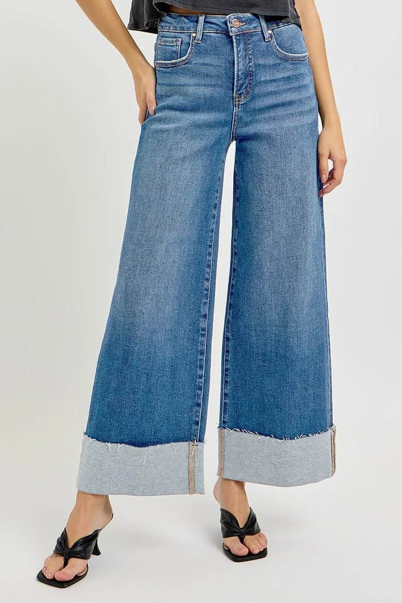RISEN Full Size Tummy Control High Rise Crop Wide Cuffed Jeans Plus Size - Tredona LLC