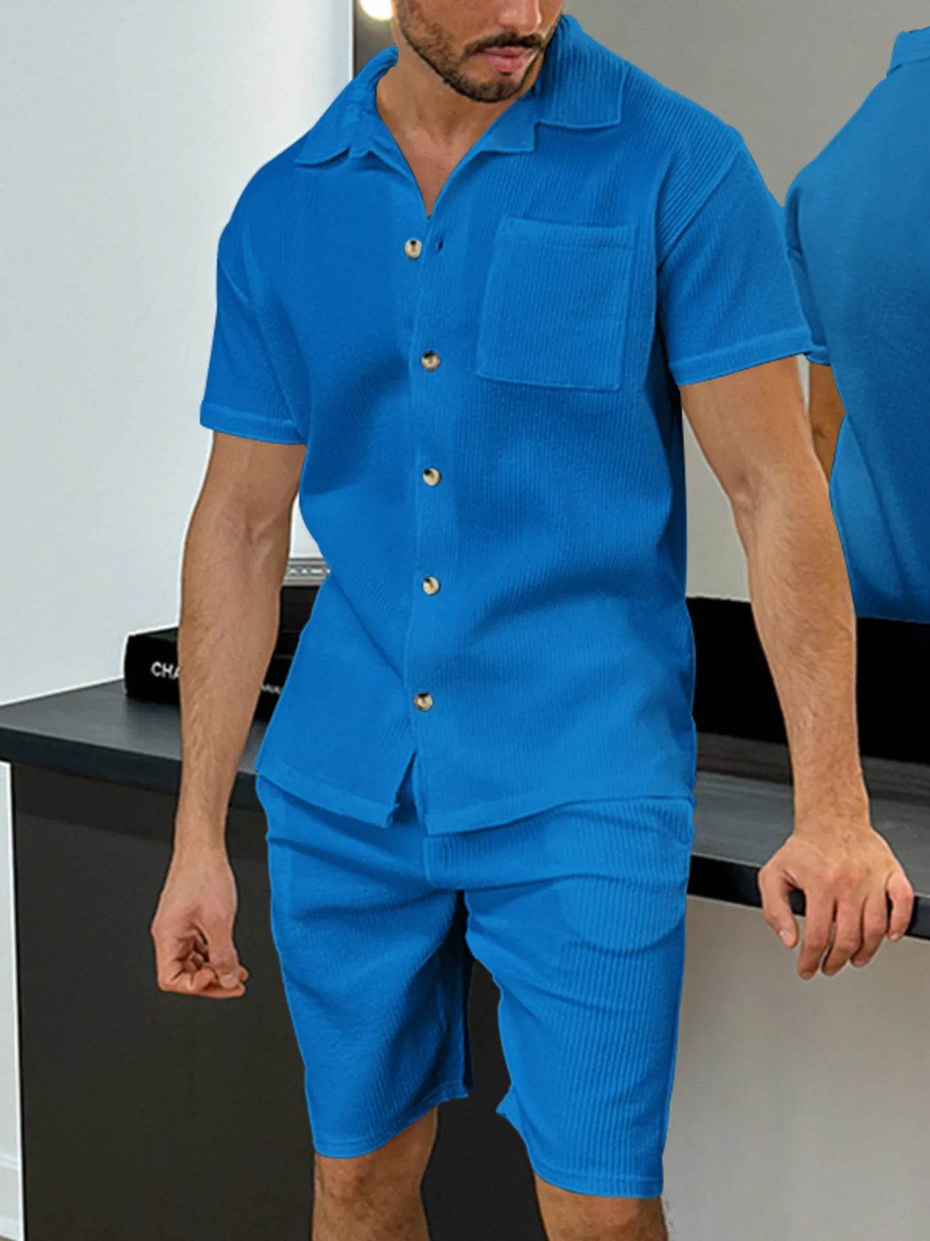 Men's Full Size Button Up Top and Shorts Set Plus Size - Tredona LLC