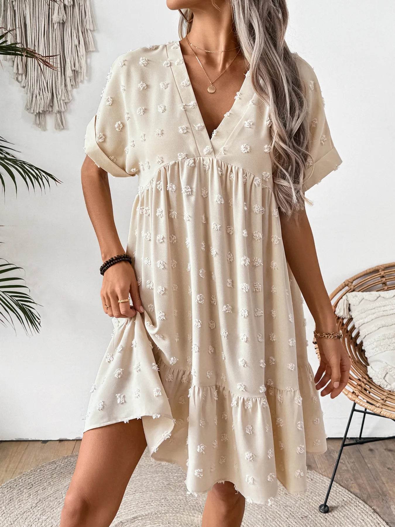 Ruffled Hem Swiss Dot Mini Dress - Tredona LLC