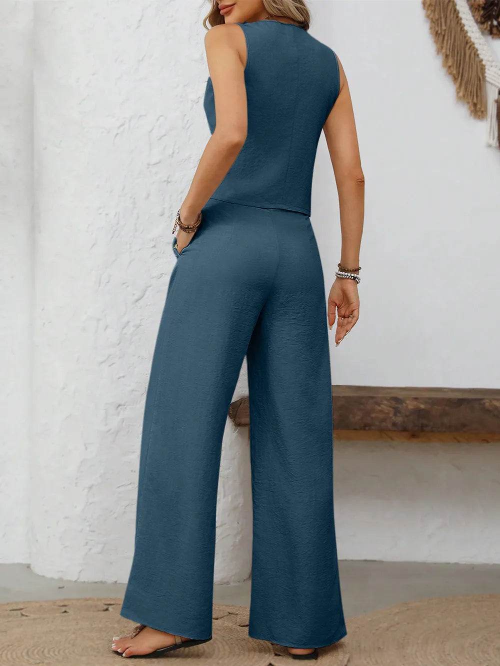 V-Neck Button Down Vest and Wide Leg Pants Set - Tredona LLC