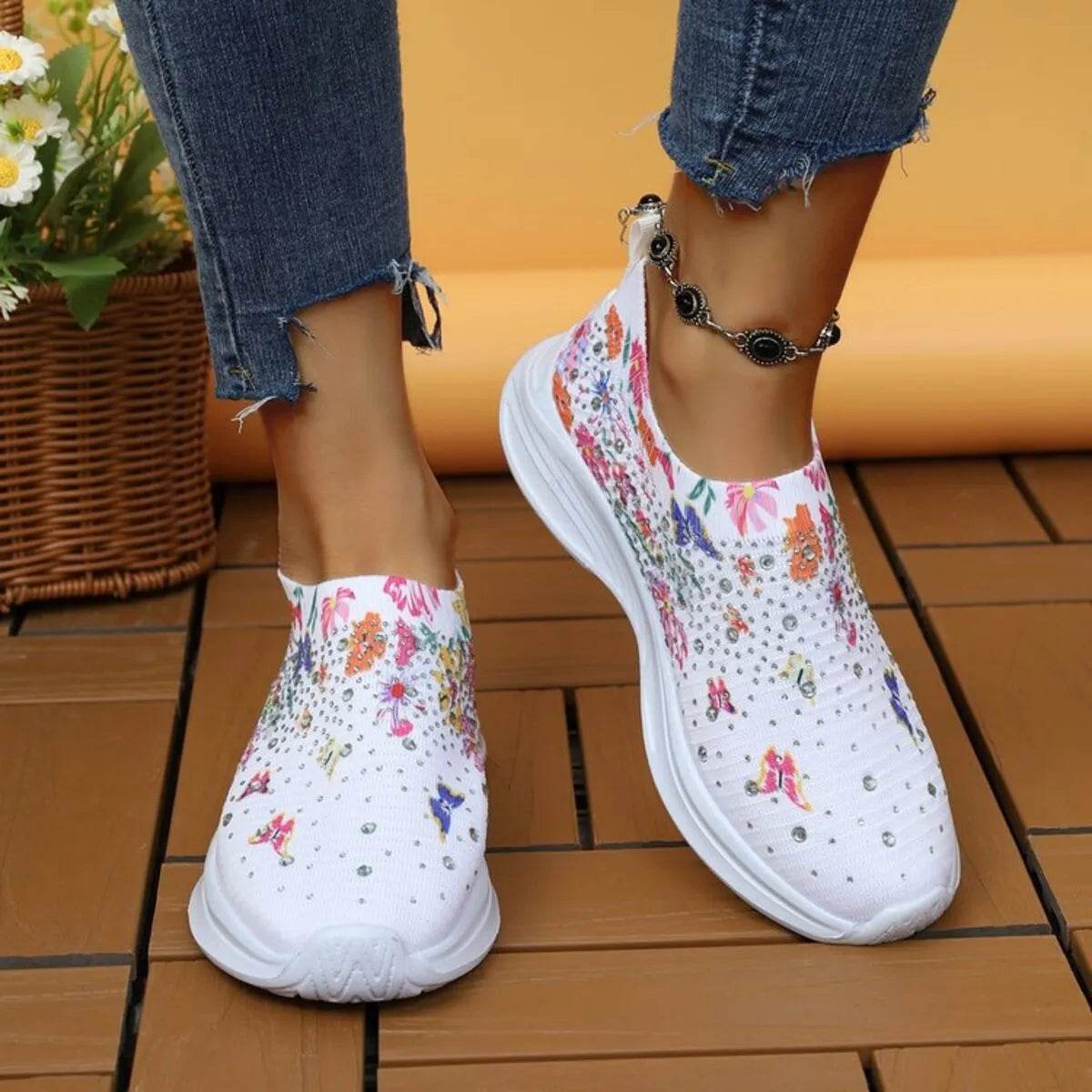 Rhinestone Floral Print Sneakers - Tredona LLC