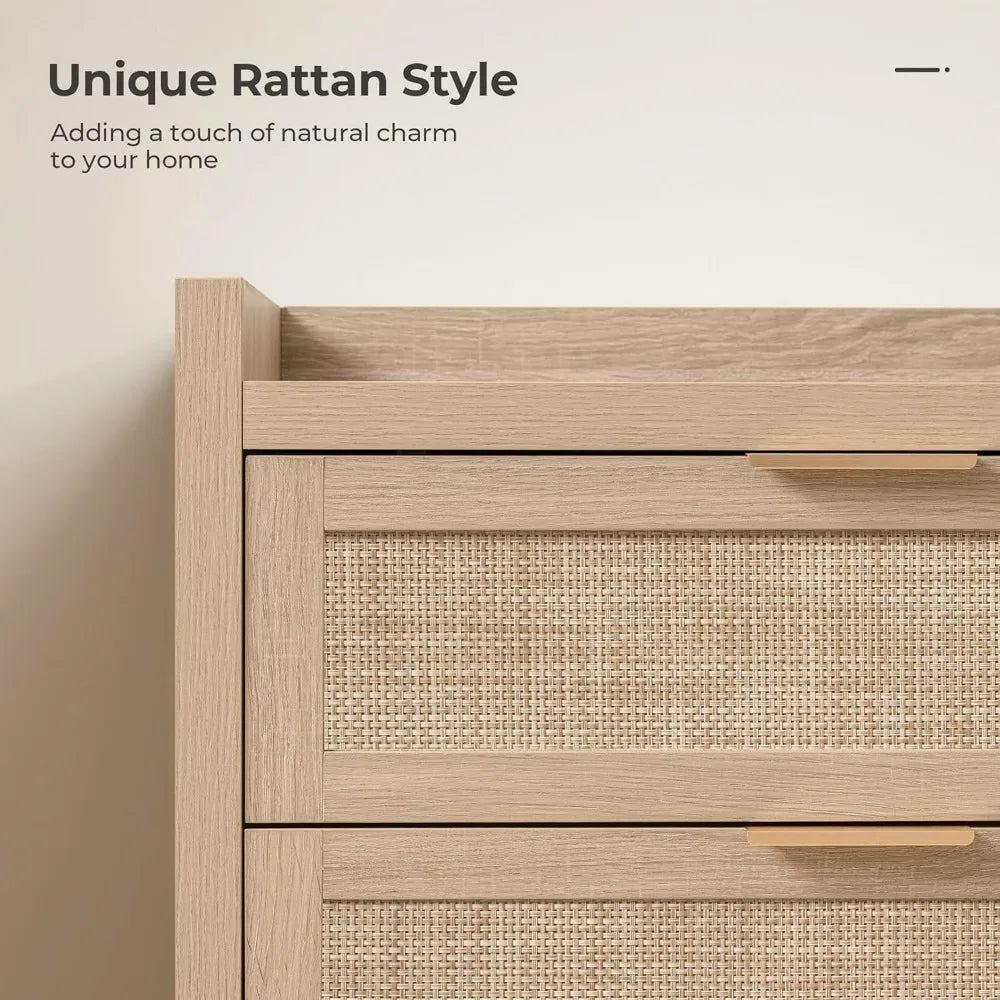 SICOTAS Dresser for Bedroom Chest of Drawers 46 Tall Dresser for Closet with 5 Rattan Drawers Boho Night Stand Large Clothes Sto