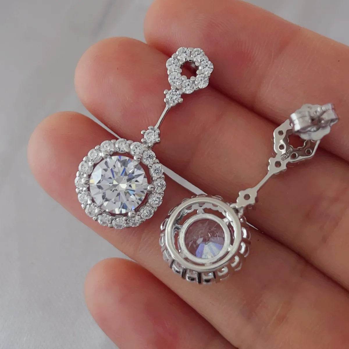 4 Carat Crystal Drop Dangle Earrings with Round Halo Design - Tredona LLC