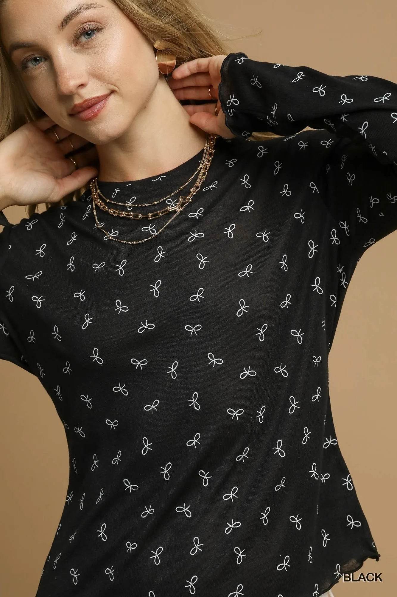 Umgee Bow Print Lightweight Knit Top - Tredona LLC