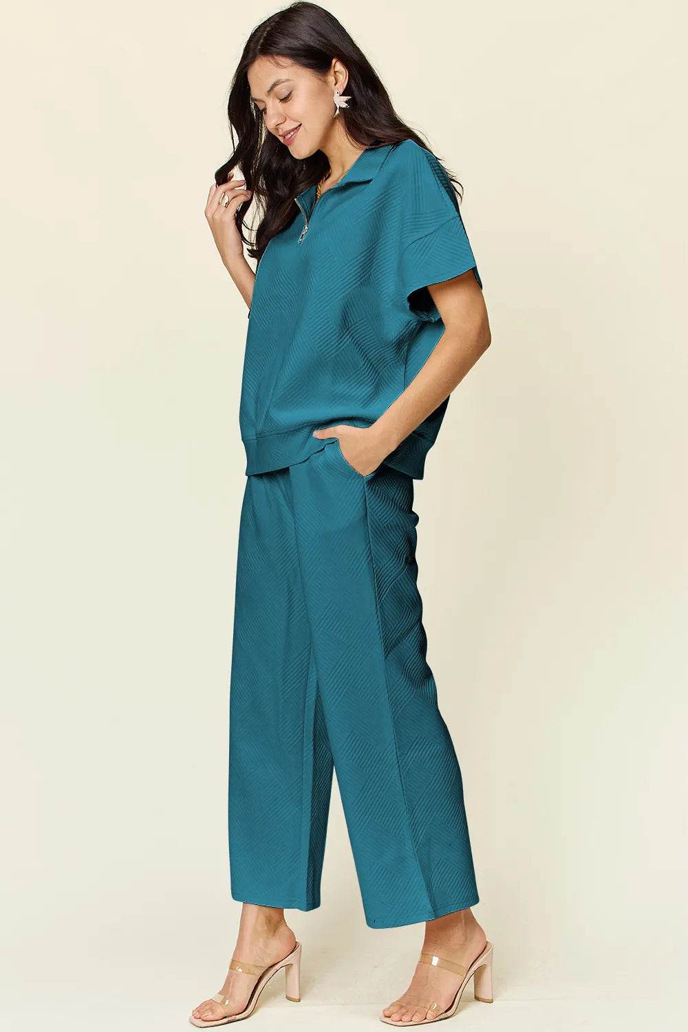 Double Take Full Size Texture Half Zip Short Sleeve Top and Pants Set - Tredona LLC