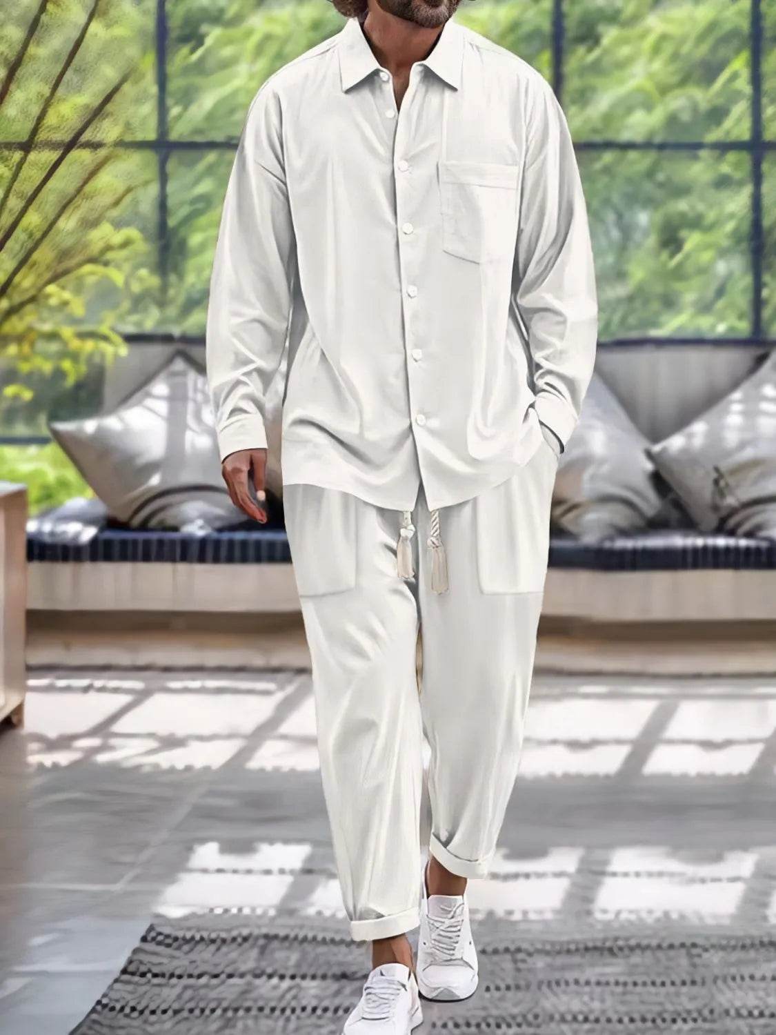 Men's Button Down Long Sleeve Shirt and Pants Set - Tredona LLC