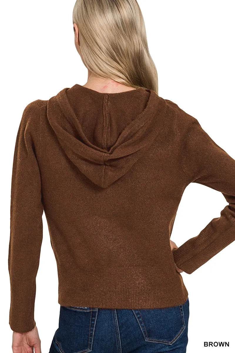 Zenana Drawstring Zip Up Hooded Cardigan - Tredona LLC
