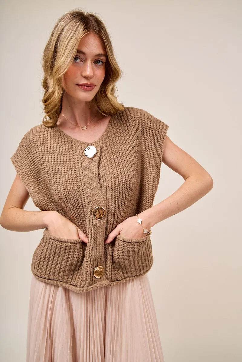 SO ME Big Metal Button Front Sweater Vest - Tredona LLC