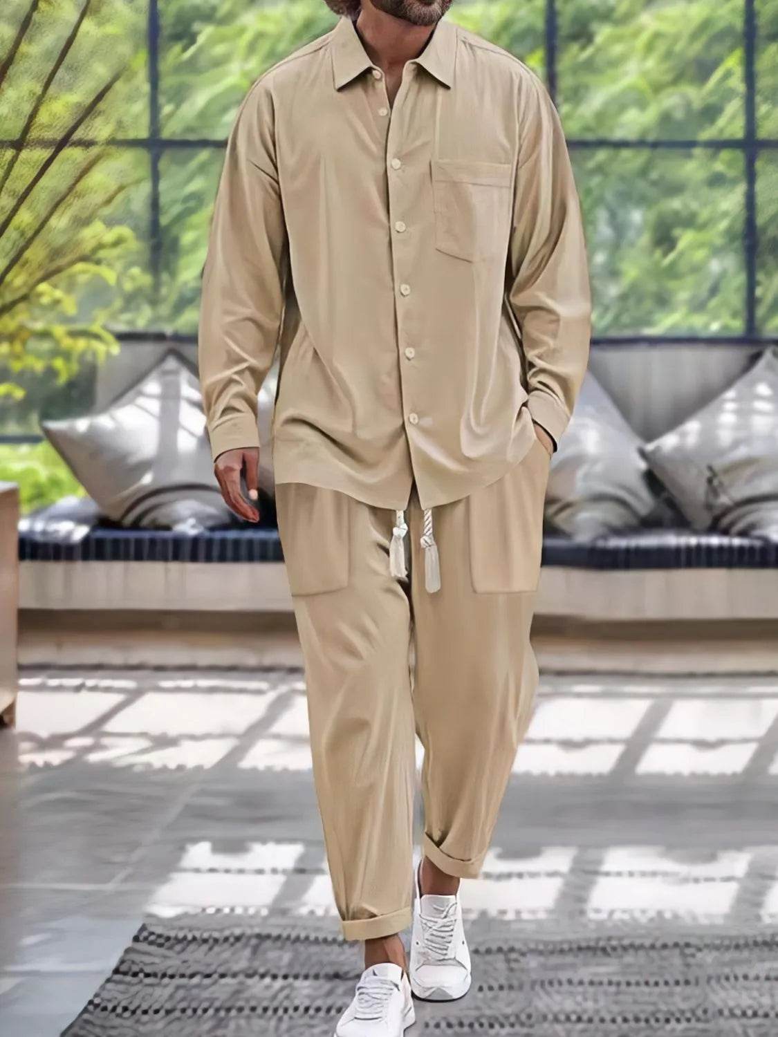 Men's Button Down Long Sleeve Shirt and Pants Set - Tredona LLC