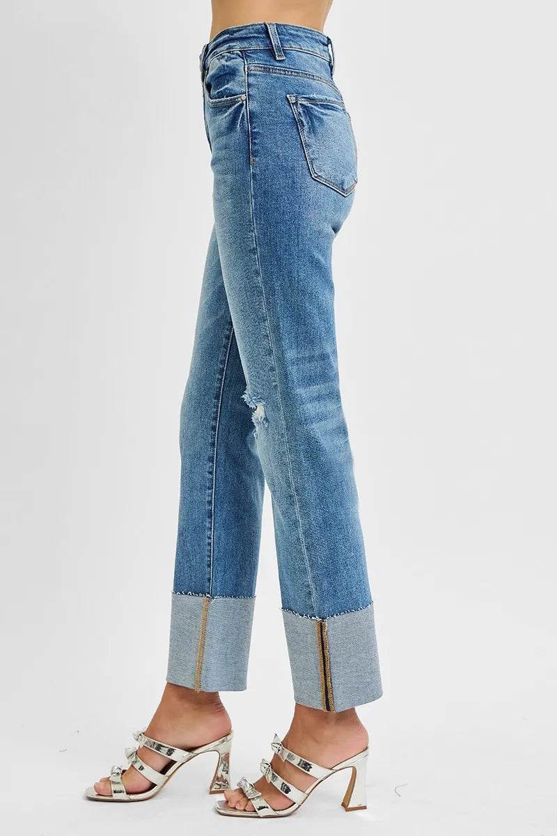 RISEN Full Size High Rise Ankle Straight Wide Cuffed Jeans Plus Size - Tredona LLC