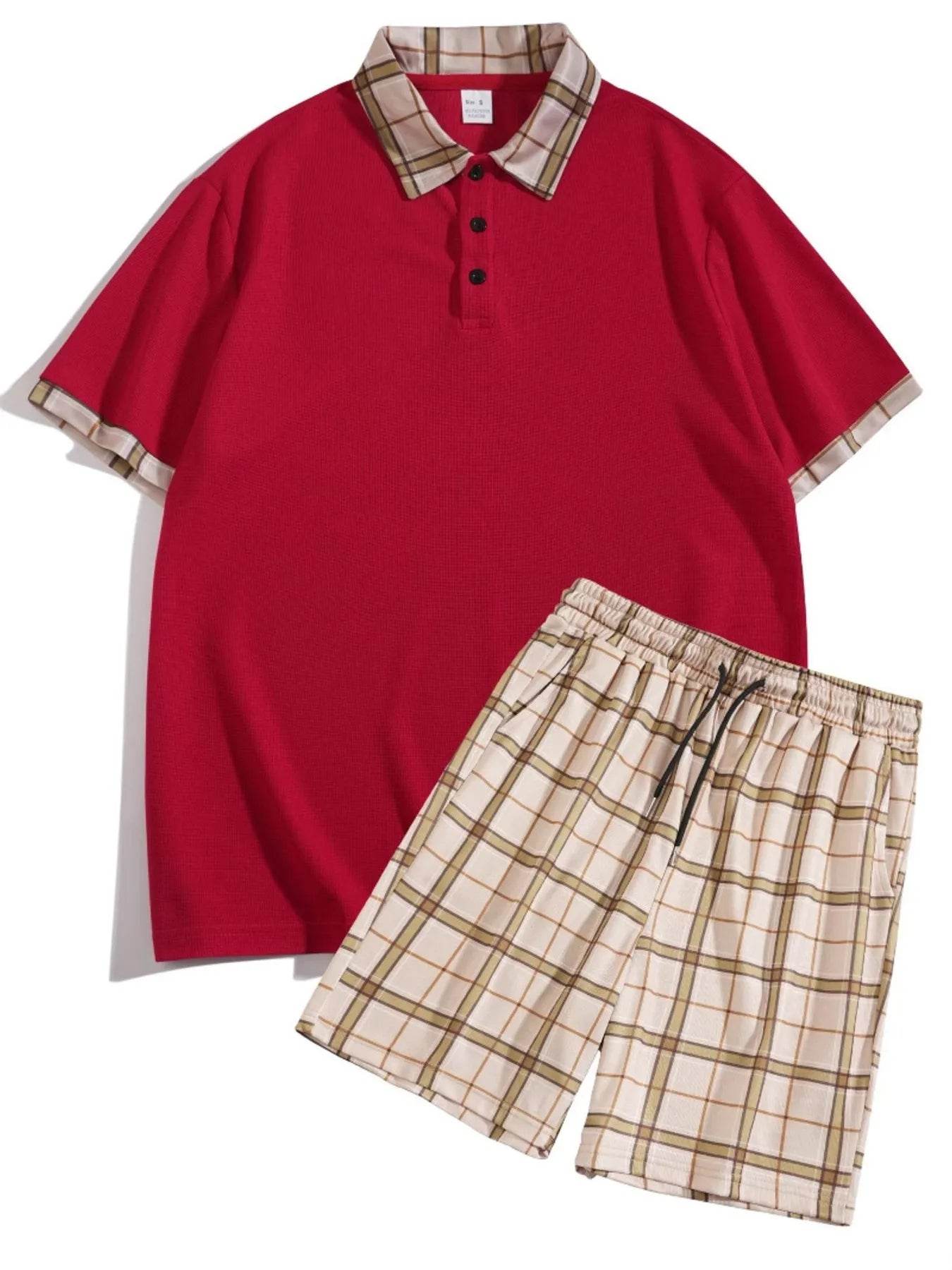 Men's Full Size Classic Plaid Collar Polo and Shorts Set Plus Size - Tredona LLC