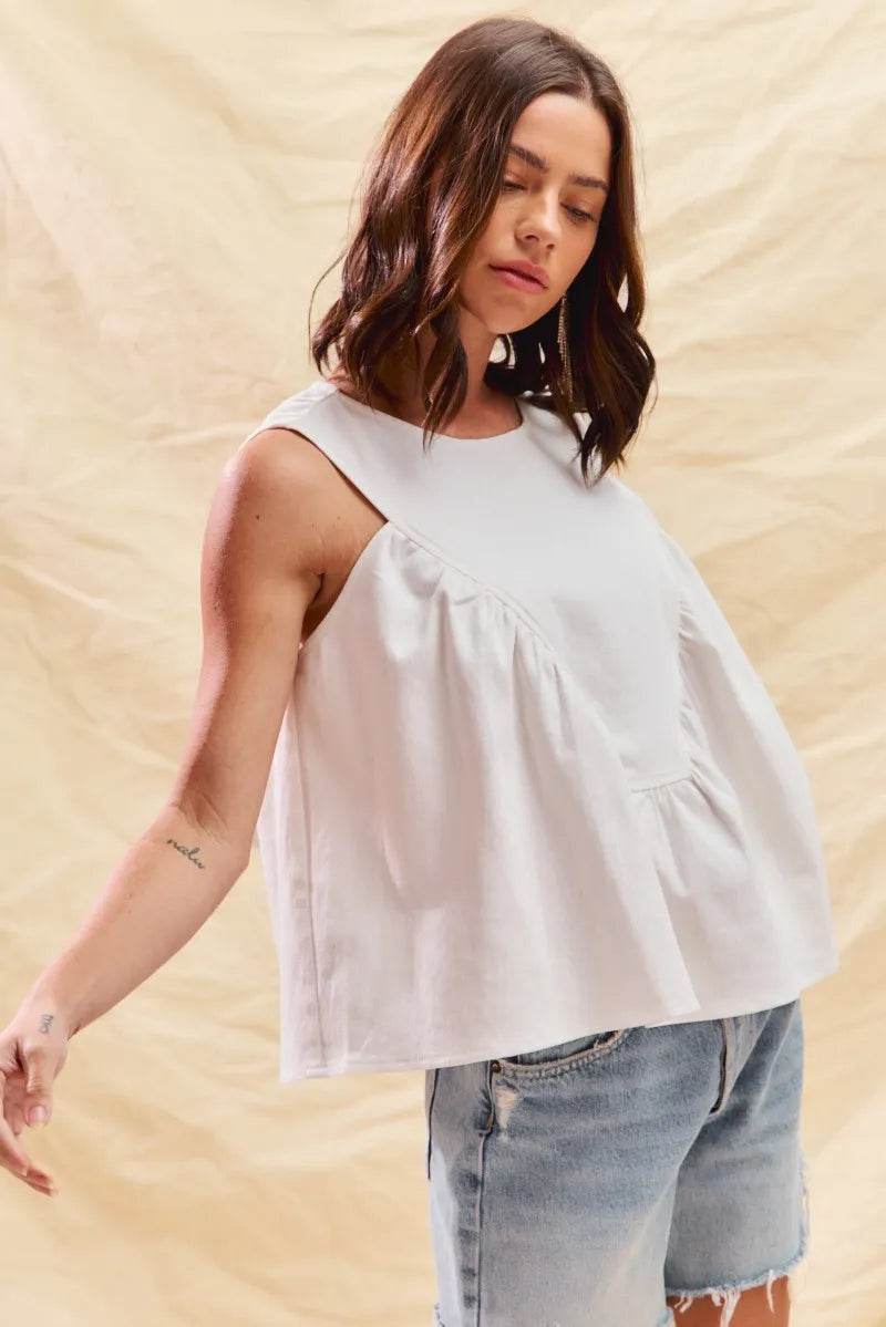 SO ME Game Day Color Denim Ruched Sleeveless Top - Tredona LLC