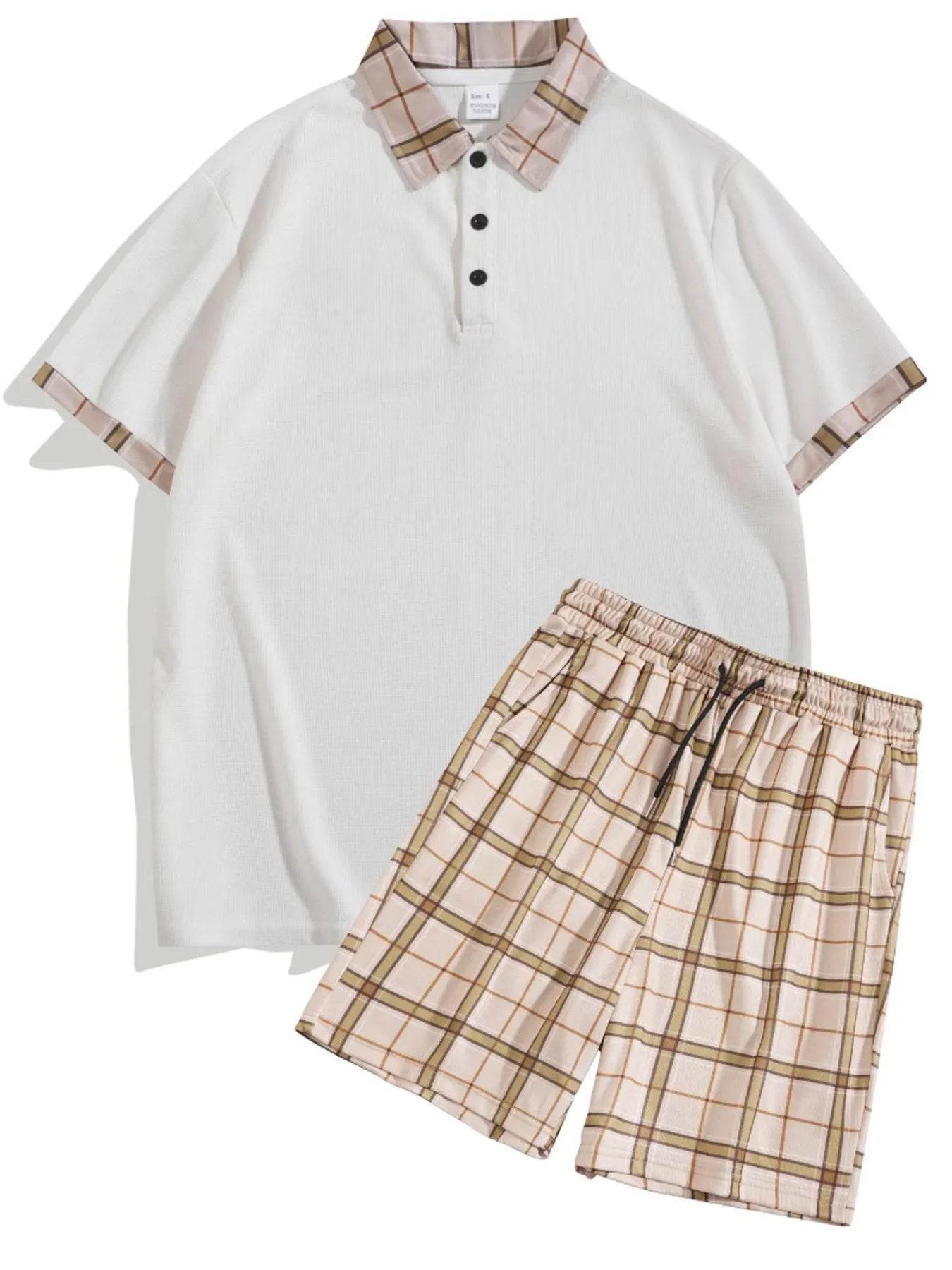 Men's Full Size Classic Plaid Collar Polo and Shorts Set Plus Size - Tredona LLC