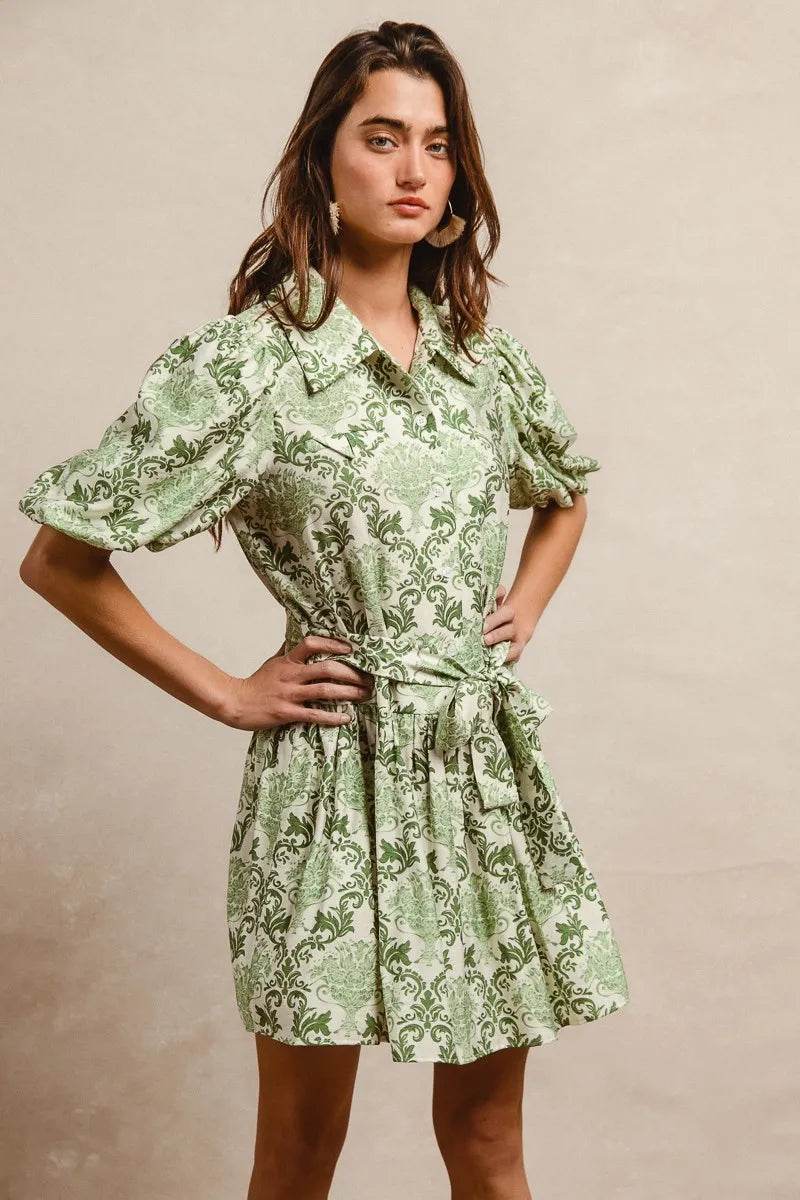 BiBi Tied Floral Short Sleeve Mini Shirt Dress - Tredona LLC