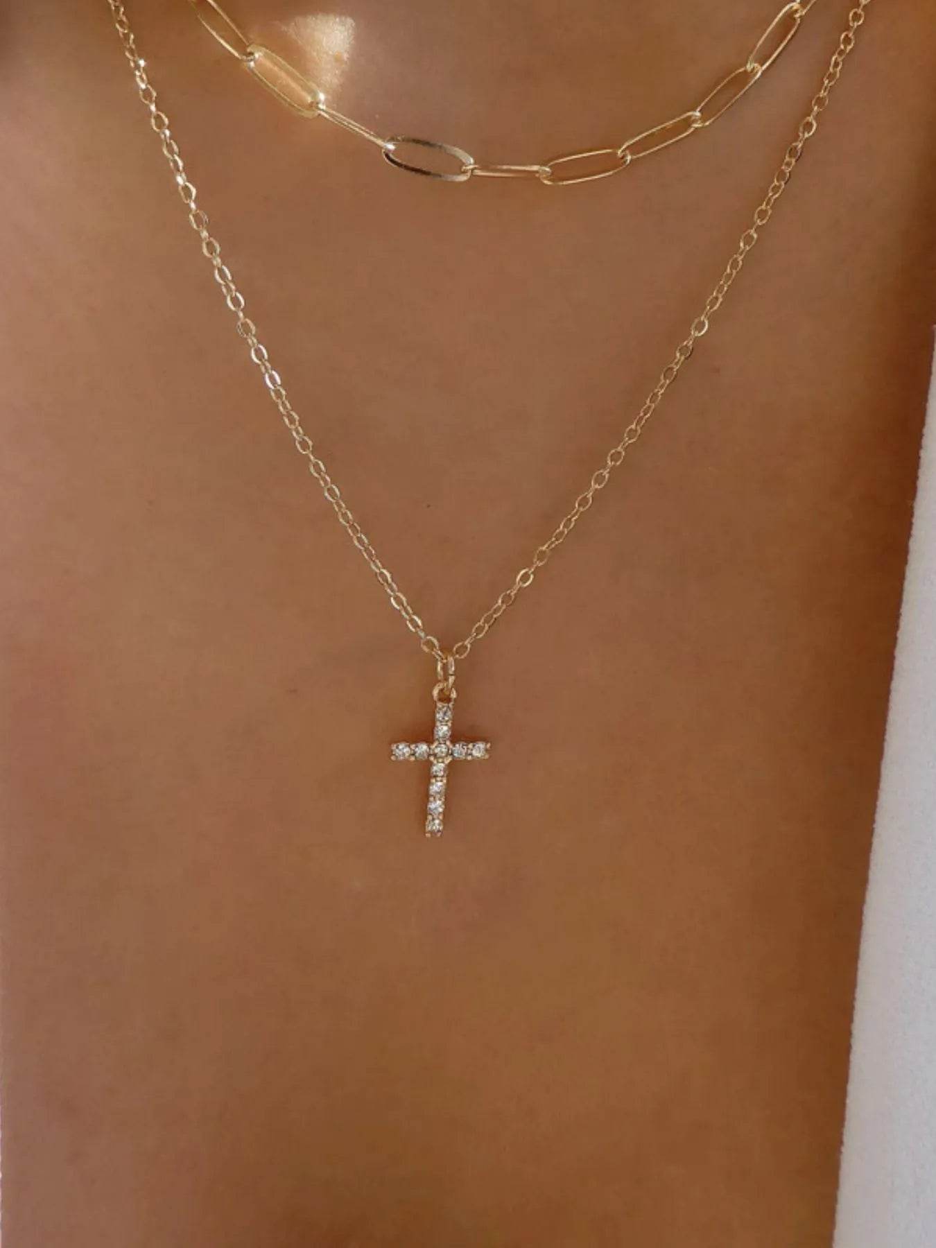 Double Layered Inlaid Zircon Cross Pendant Necklace - Tredona LLC