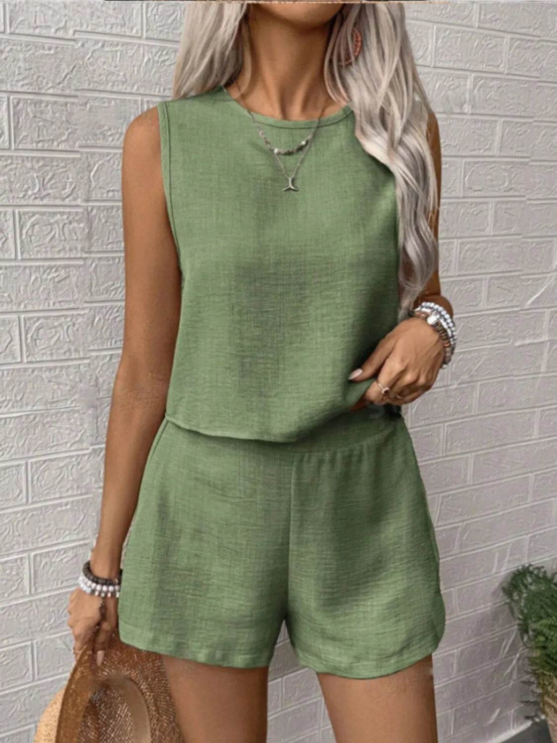 Round Neck Sleeveless Top and Shorts Set - Tredona LLC