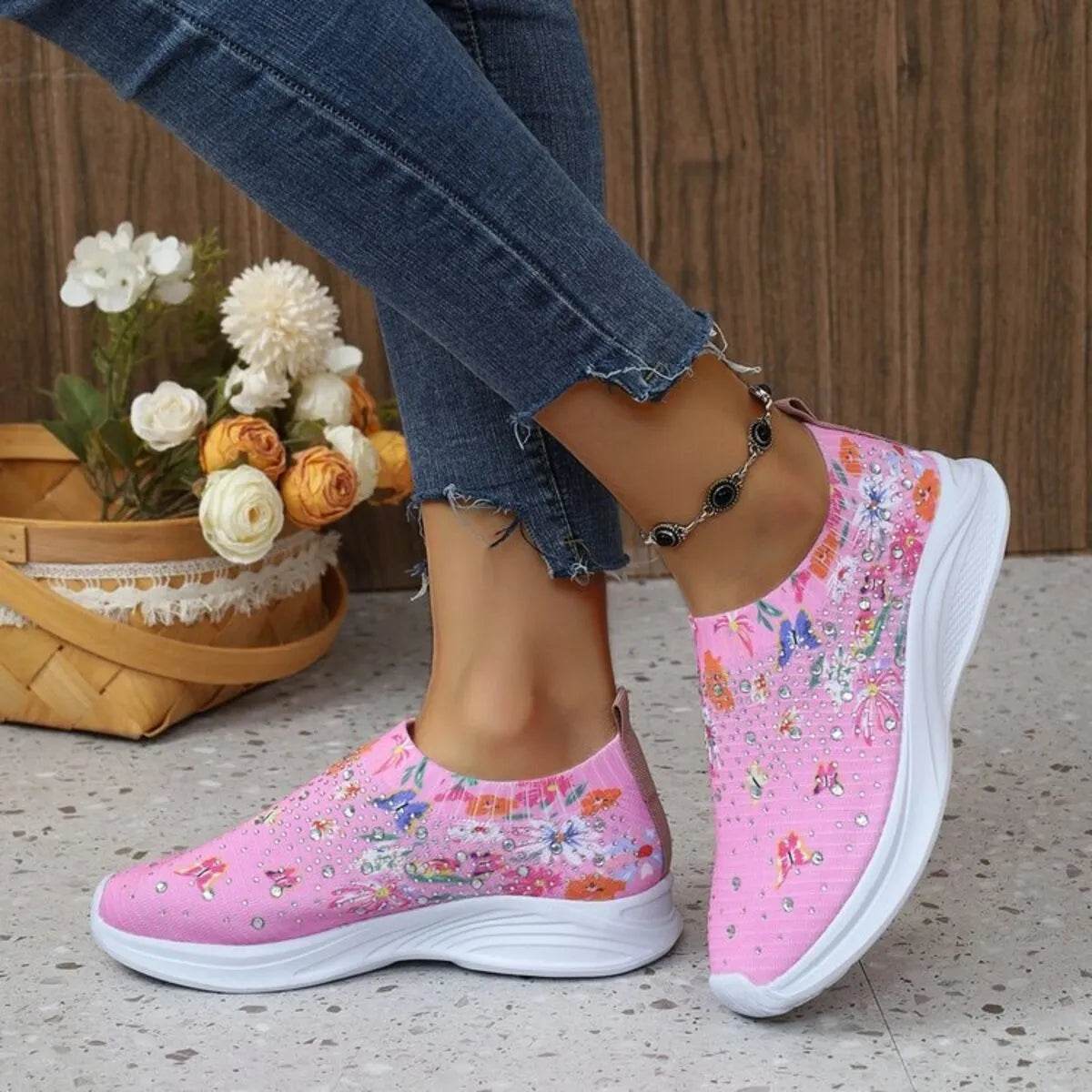 Rhinestone Floral Print Sneakers - Tredona LLC