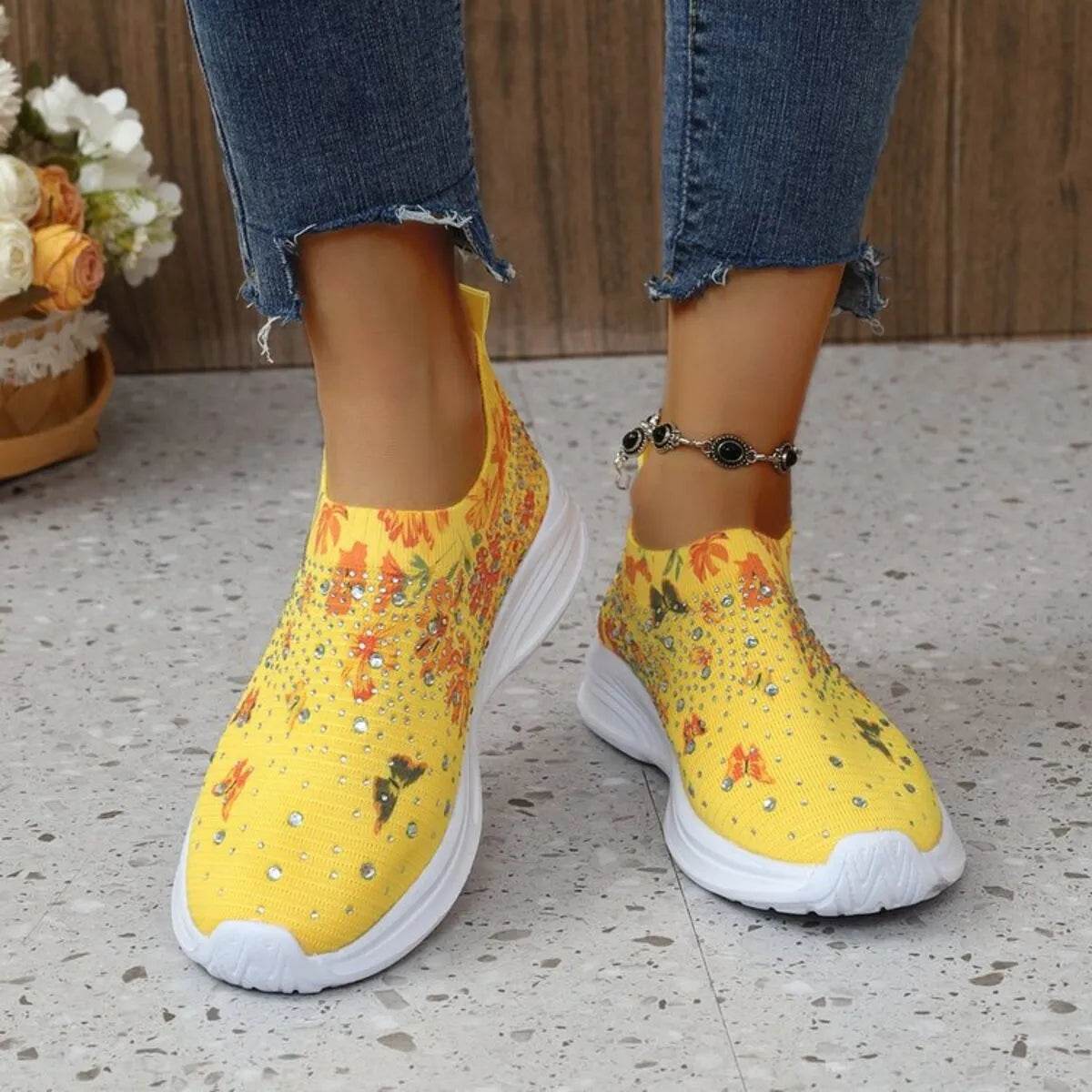 Rhinestone Floral Print Sneakers - Tredona LLC