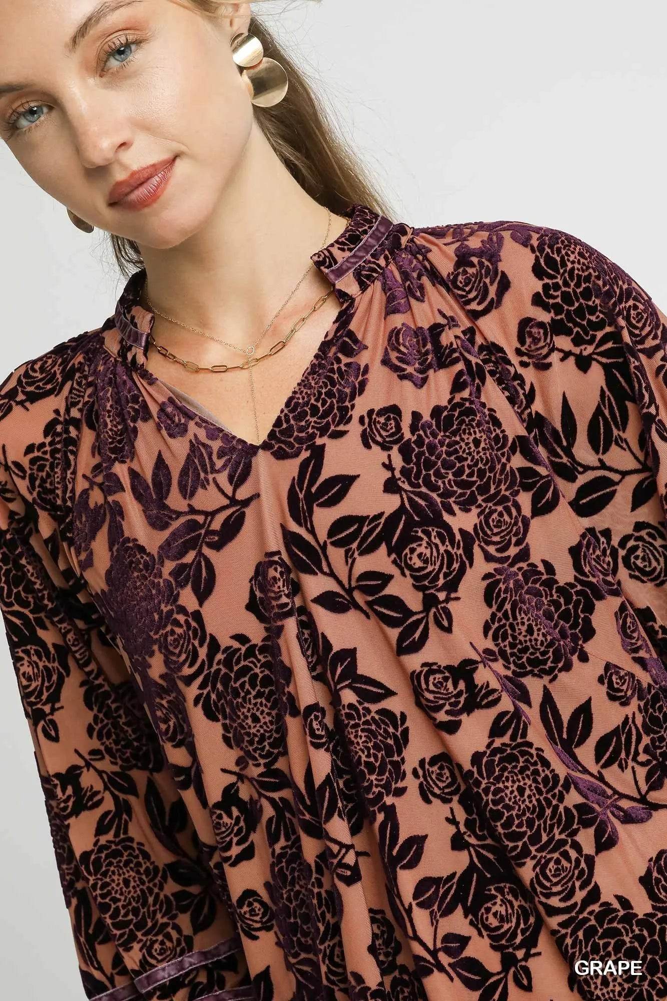 Umgee Floral Velvet Blouse with Balloon Sleeves - Tredona LLC