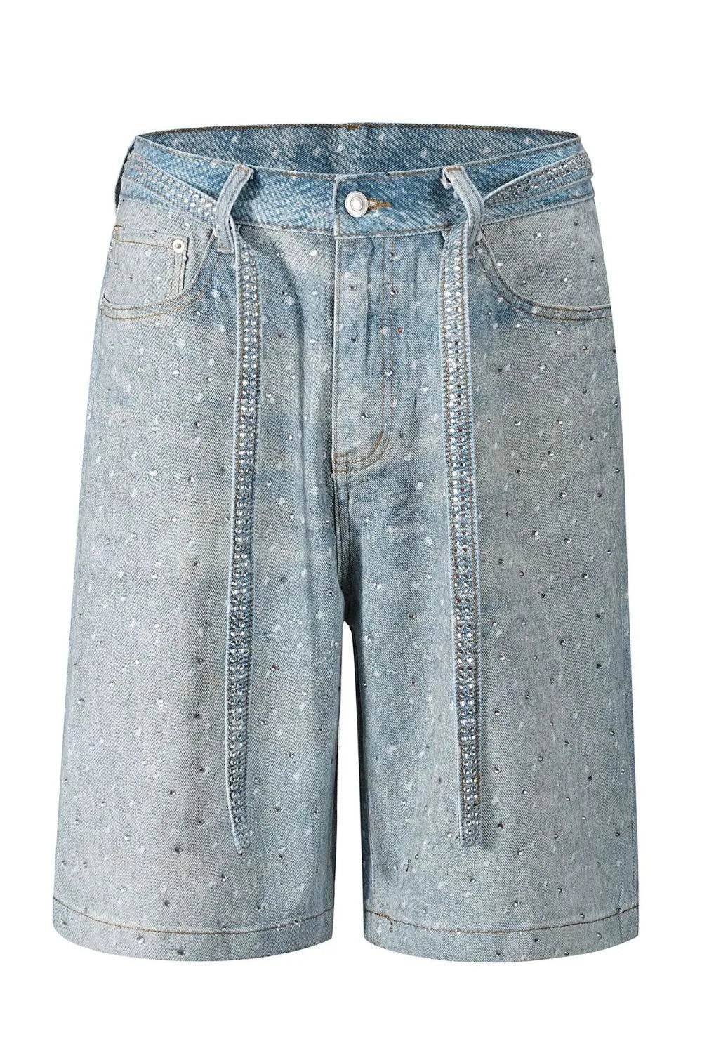Men's Washed Rhinestone Denim Bermuda Shorts - Tredona LLC