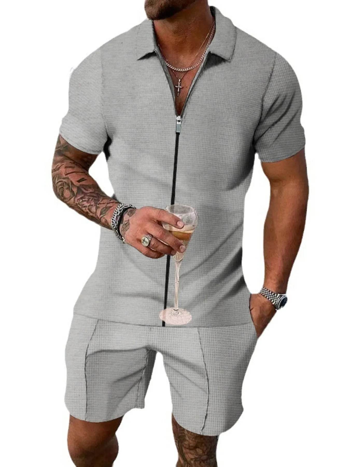 Men's Plus Size Zip Up Short Sleeve Top and Shorts Set - Tredona LLC