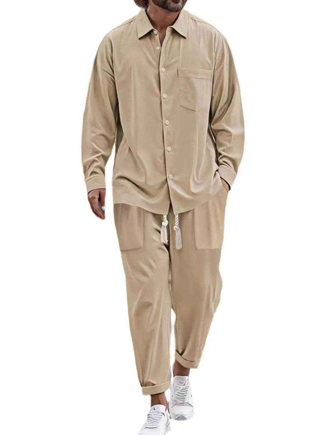 Men's Button Down Long Sleeve Shirt and Pants Set - Tredona LLC
