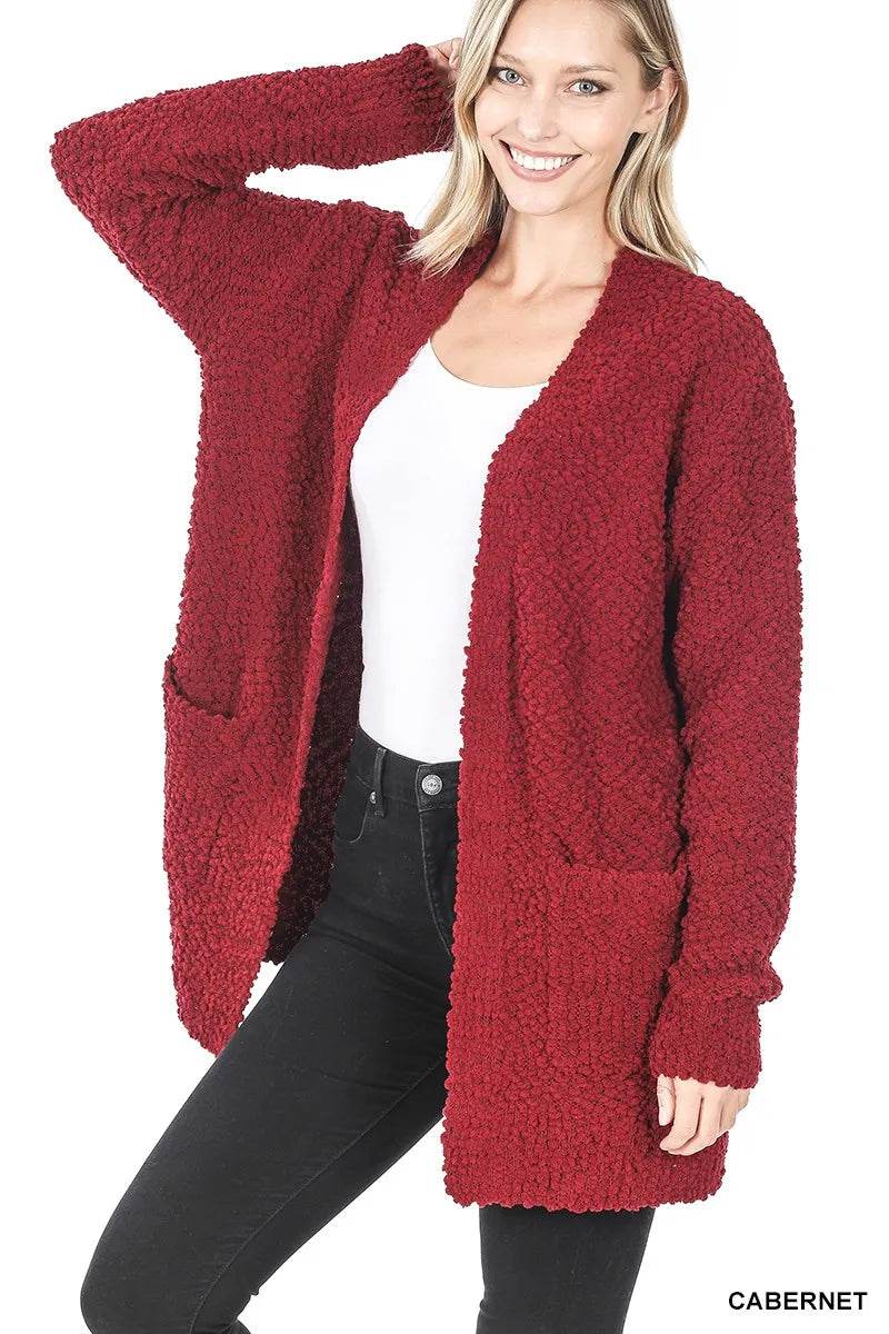 Zenana Long Sleeve Popcorn Sweater Cardigan with Pockets - Tredona LLC