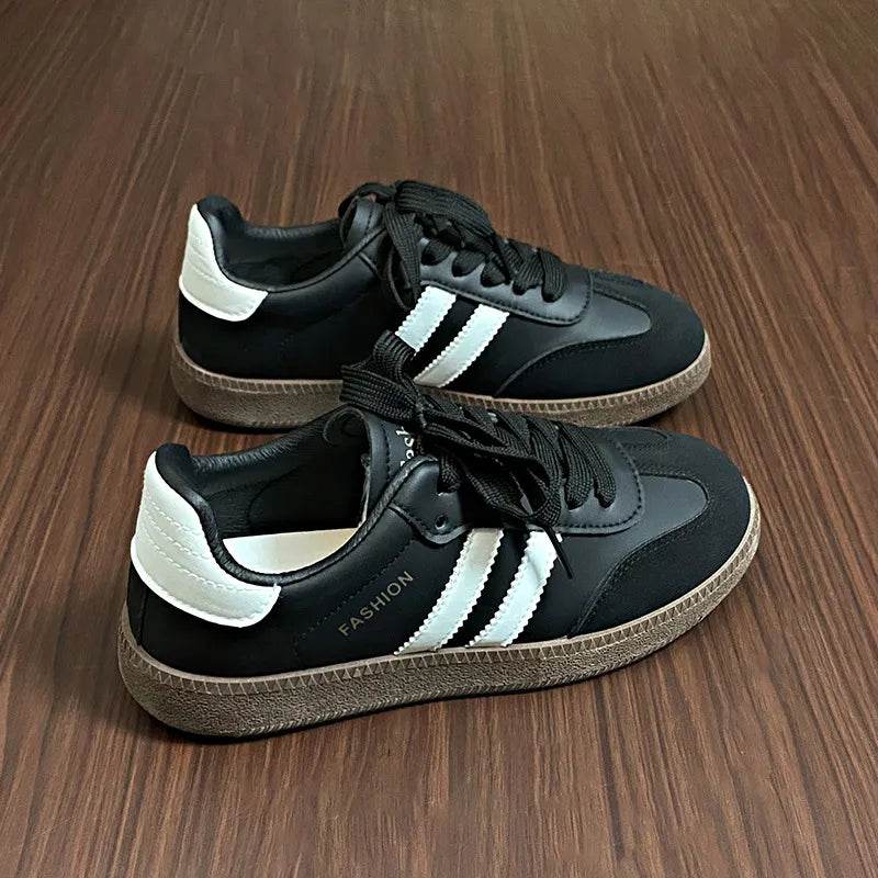 Side Striped Lace Up Round Toe Sneakers - Tredona LLC