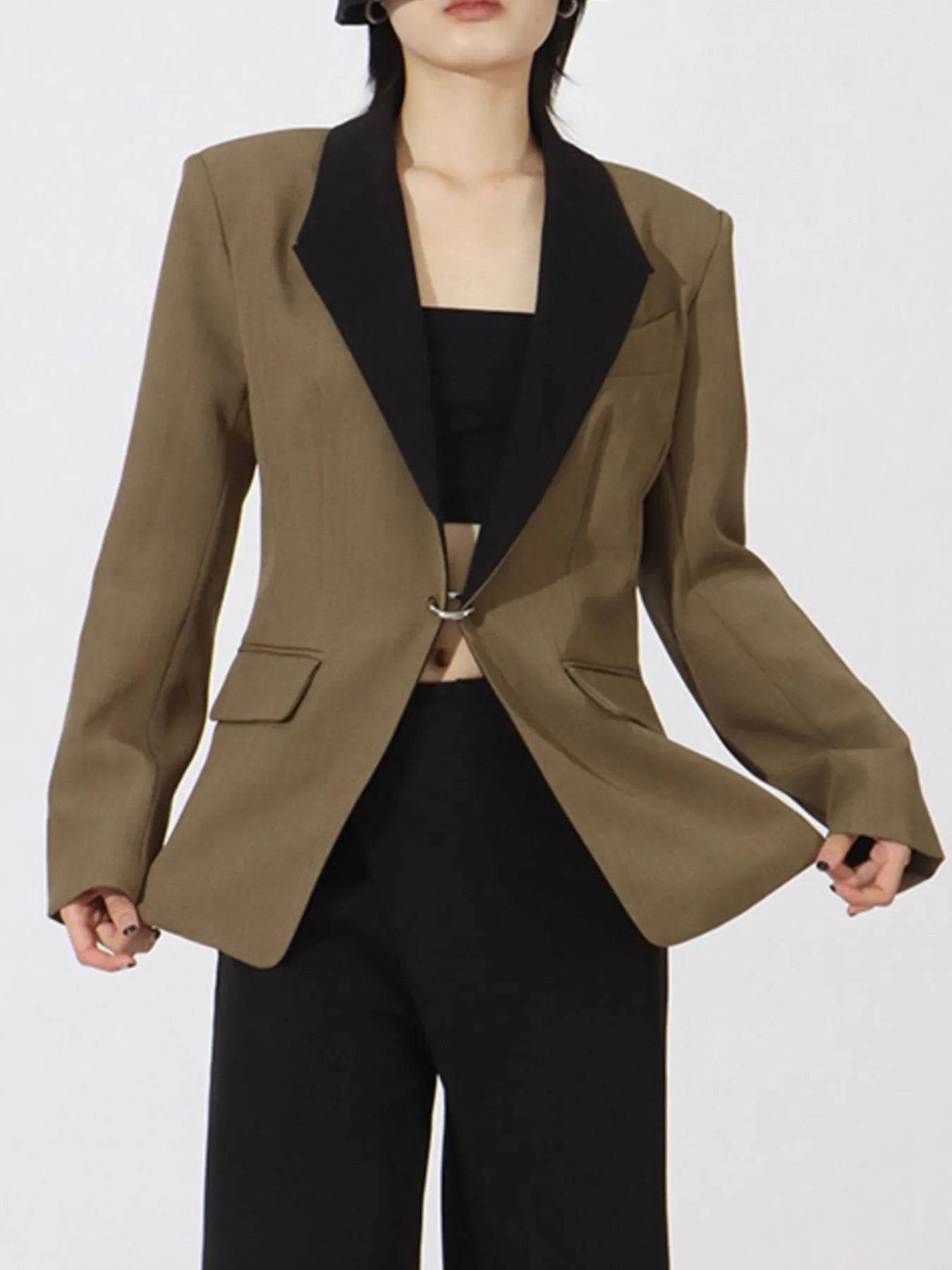 Contrast Lapel Collar Long Sleeve Blazer - Tredona LLC