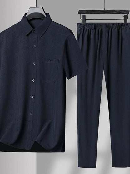 Men's Plus Size Button Up Short Sleeve Shirt and Pants Set - Tredona LLC