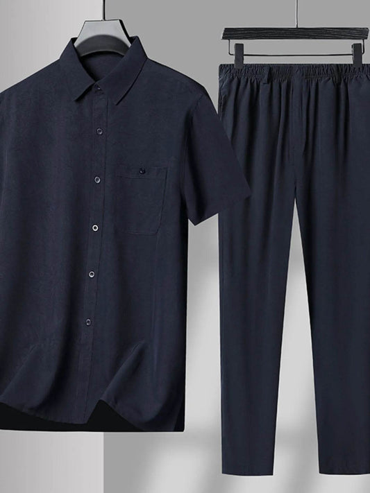 Men's Plus Size Button Up Short Sleeve Shirt and Pants Set - Tredona LLC