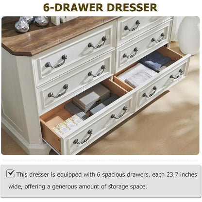T4TREAM Farmhouse 6 Drawers Dresser for Bedroom, 54 Wide Wood Rustic Chest of Drawers with Natural Texture, Vintage Design, Stor