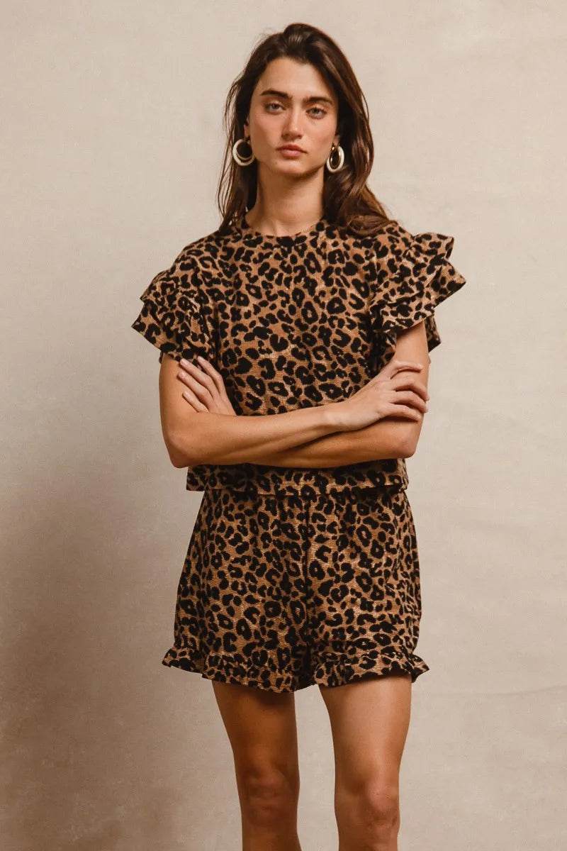 BiBi Leopard Print Waffle Texture Layered Ruffle Sleeve Top and Shorts Set - Tredona LLC