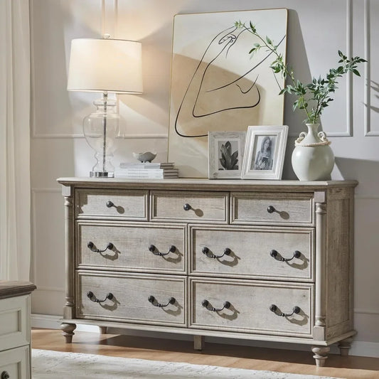 Rustic Country Style 7-Drawer Wood Dresser with Solid Feet and Column Accents for Bedroom
