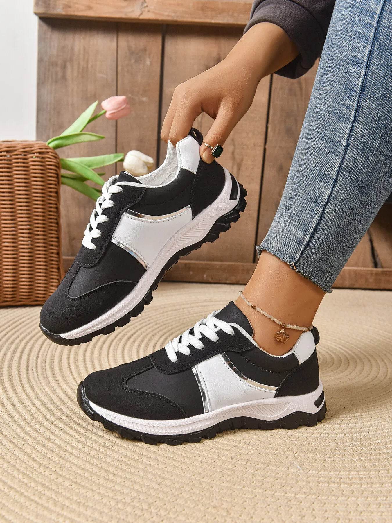 Contrast Lace Up Sneakers - Tredona LLC