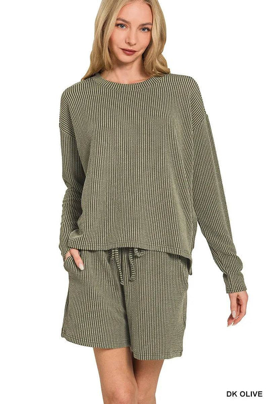 Zenana Corded Rib Long Sleeve Tee and Shorts Set - Tredona LLC