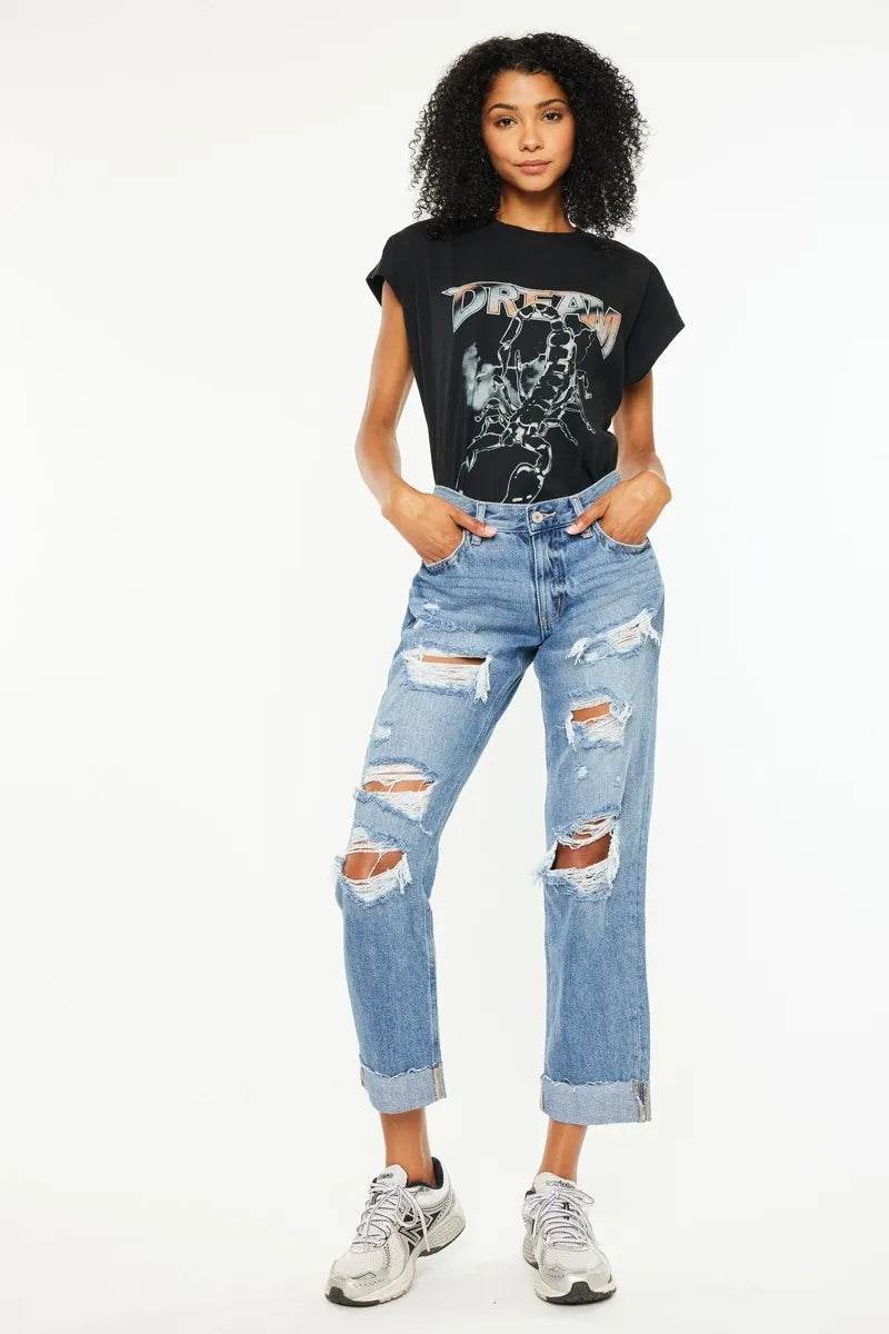 Kancan Mid Rise Distressed Boyfriend Fit Jeans - Tredona LLC