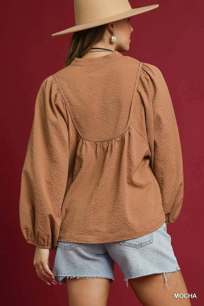 Umgee Textured Notched Blouse with Balloon Sleeves - Tredona LLC