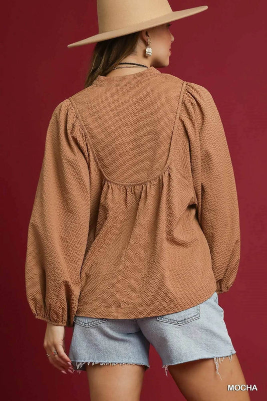 Umgee Textured Notched Blouse with Balloon Sleeves - Tredona LLC