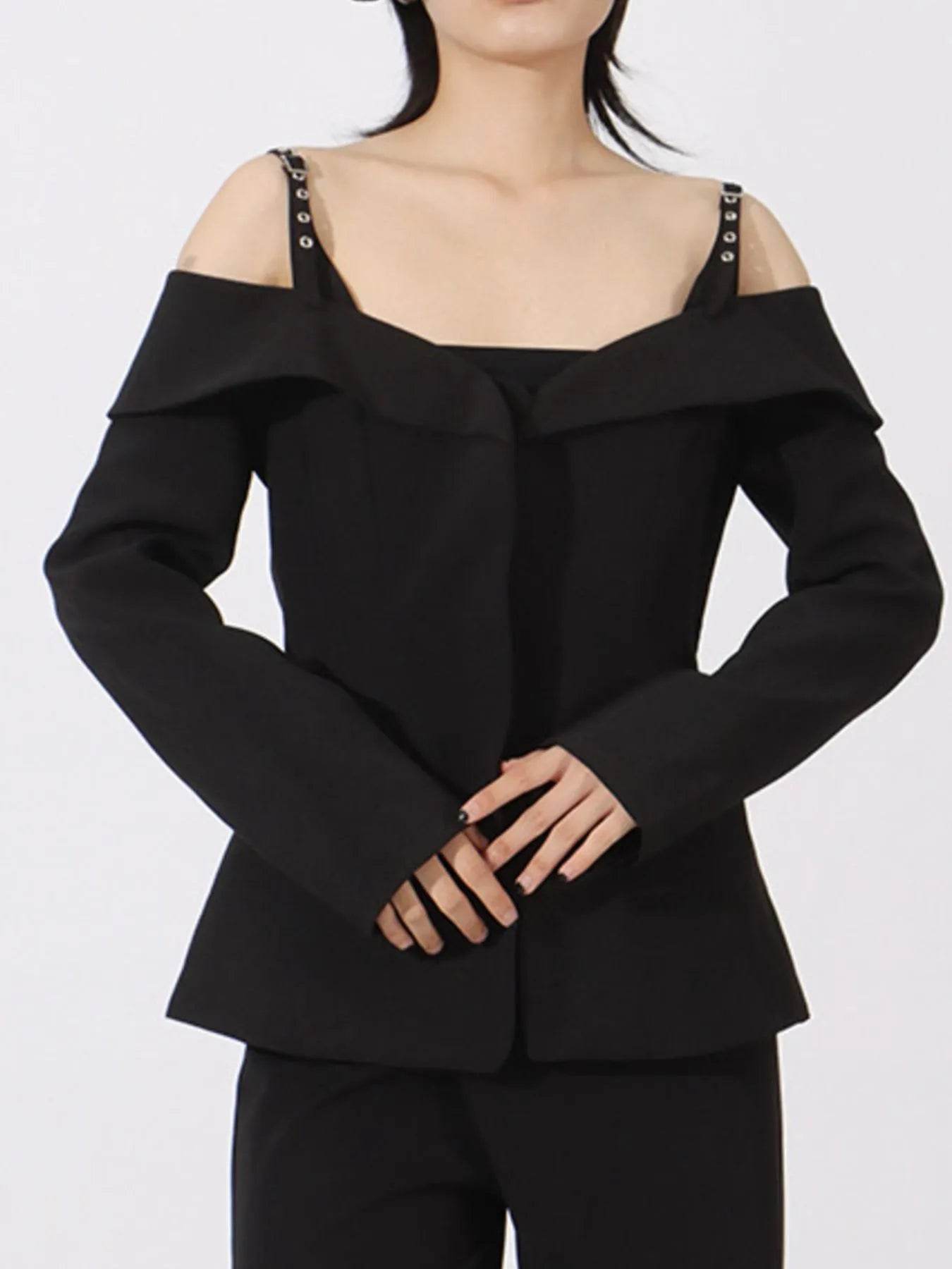 Ruffled Cold Shoulder Long Sleeve Outerwear - Tredona LLC