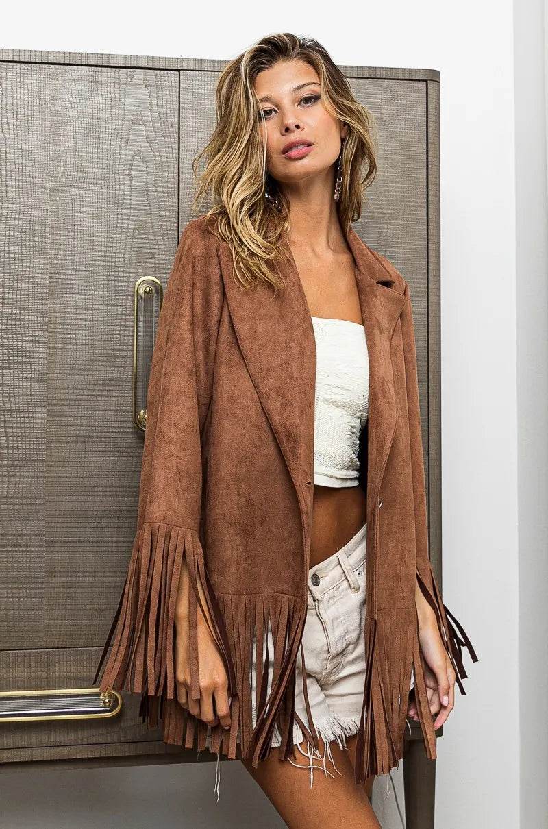 BiBi Single Blazer with Fringed Hem - Tredona LLC